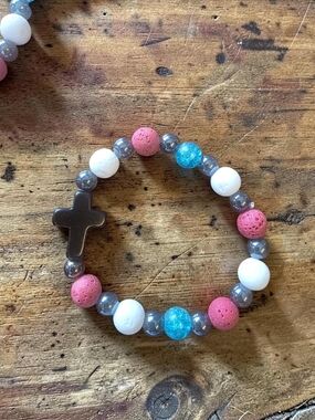 Styleandstone Patriotic Red White Blue Lava Rock Cross Bracelet